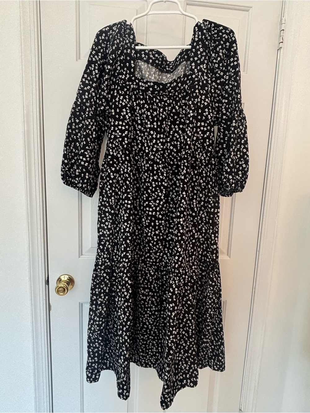 Milkmaid Black White Floral Cotton Maxi Dress Prairie Cottagecore Size L XL